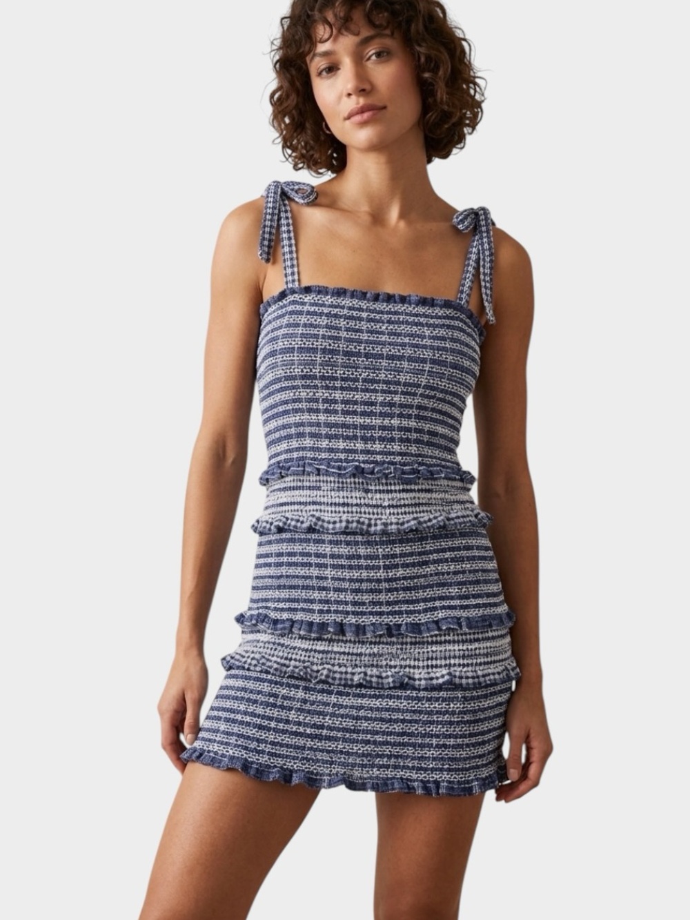 Storia Blue & White Plaid Gingham Smocked Mini Dress Women’s Size M‎